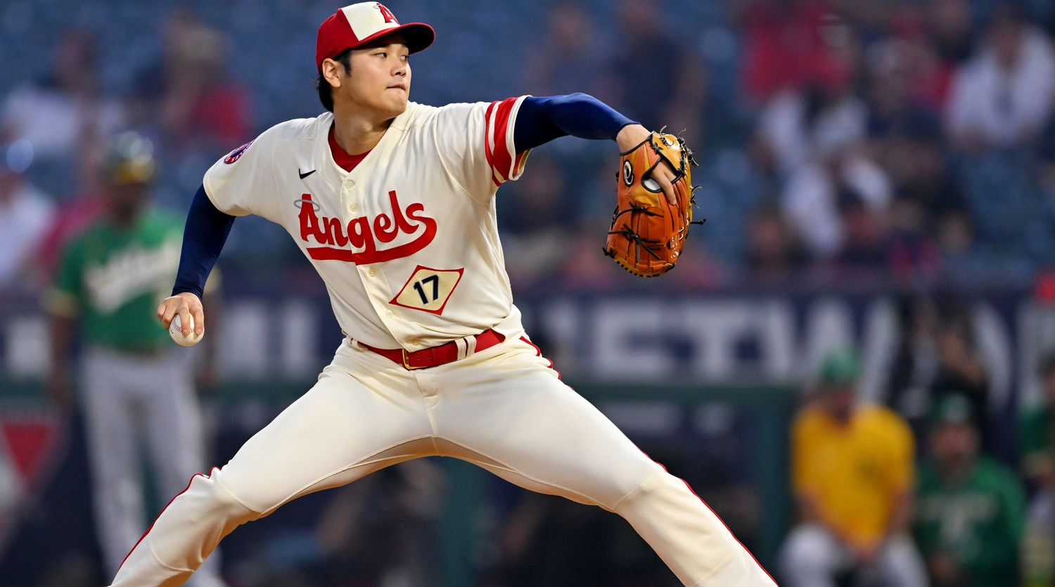Sep 29, 2022; Anaheim, California, USA; Los Angeles Angels starting pitcher Shohei Ohtani (17) throws to the plate in the first inning against the Oakland Athletics at Angel Stadium.